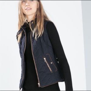 Zara Woman Navy Quilted Vest Puffer Brown Suede Piping Size XS